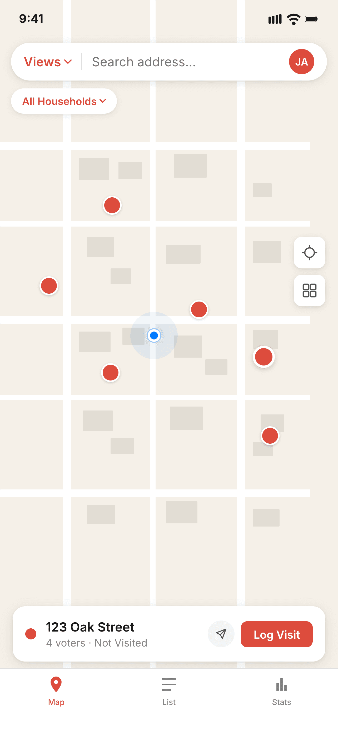 VoteRunner map screen showing canvassing route