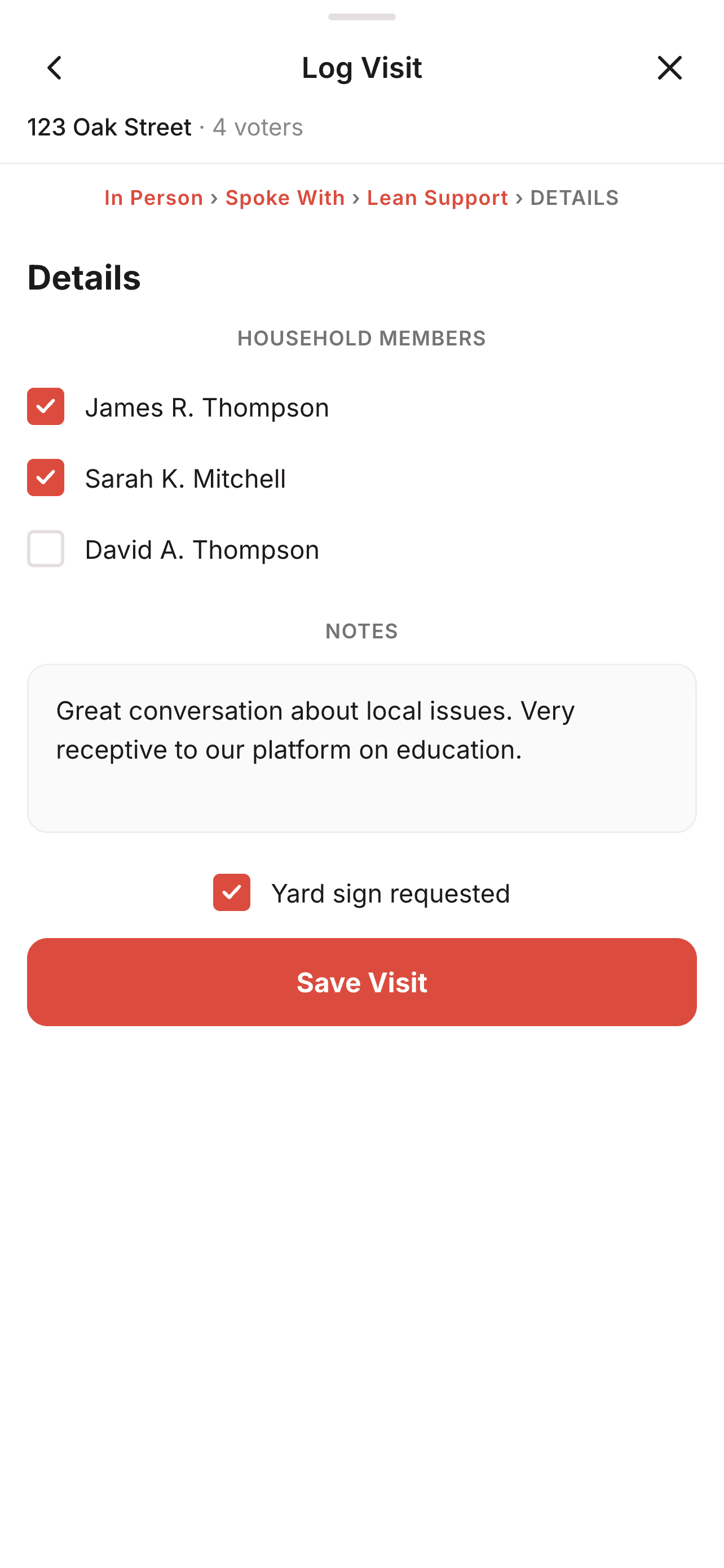 Log visit details screen for recording canvass notes
